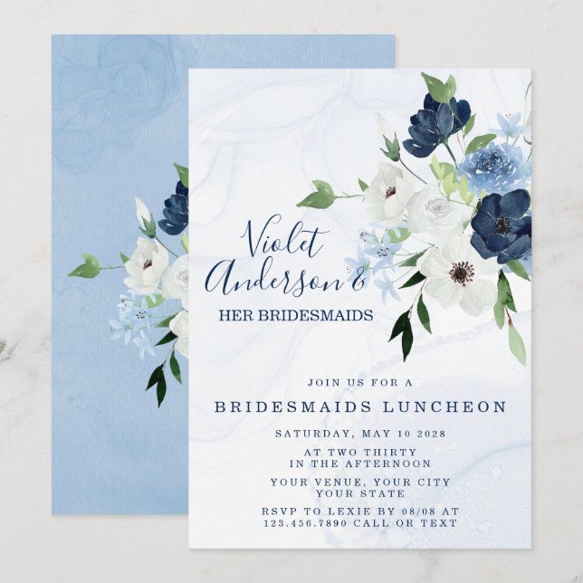 Dusty Navy Ethereal Floral Bridesmaids Luncheon I Einladung (Vorne/Hinten)