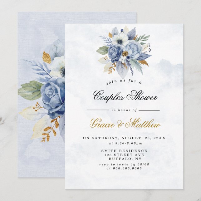 Dusty Navy Gold Peony Chic Couples Showeinladungen (Vorne/Hinten)