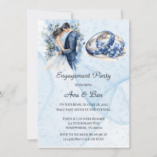 Dusty Navy Ink Floral Rings Engagement Party Einladung