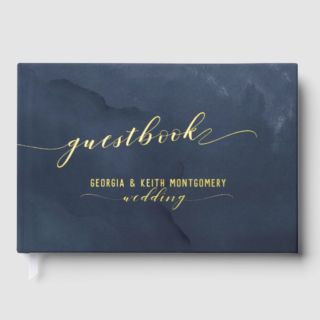 Dusty Navy Wassercolor Gold Script Hochzeit Gästebuch (Vorderseite)