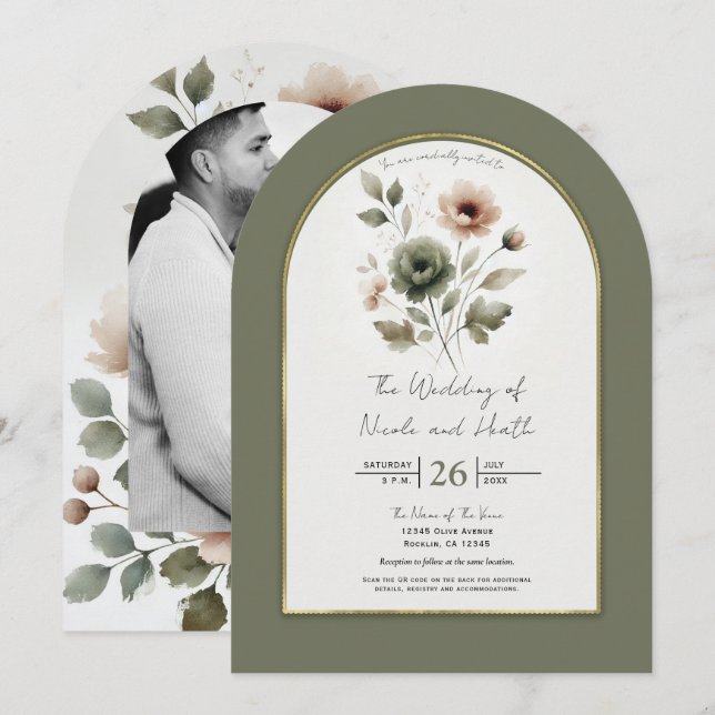 Dusty Olive Pink & Gold Blumenzwiebeln Einladung (Vorne/Hinten)