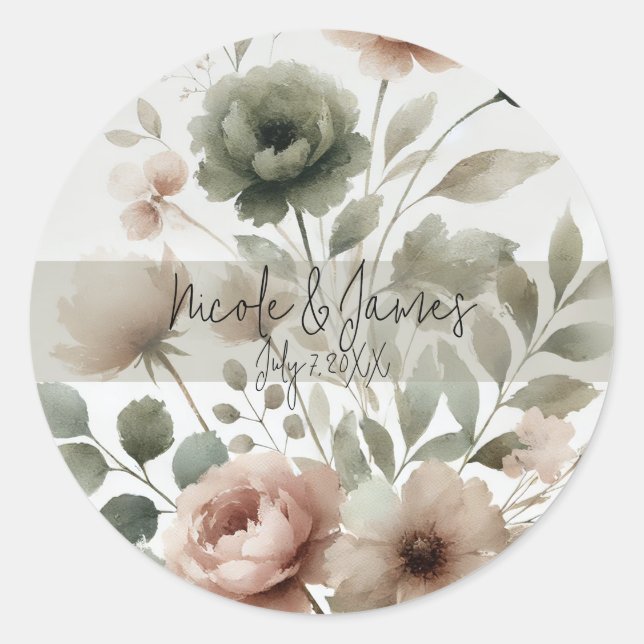 Dusty Olive & Pink Watercolor Floral Wedding Runder Aufkleber (Vorderseite)
