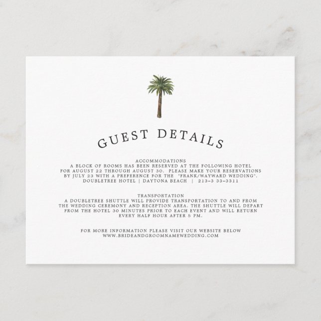 Dusty Palms | Informationen zu Hochzeitgästen Begleitkarte (Vorderseite)