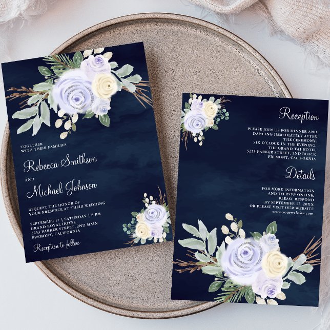 Dusty Pastel Lila Floral All in one Navy Hochzeit Einladung (Von Creator hochgeladen)
