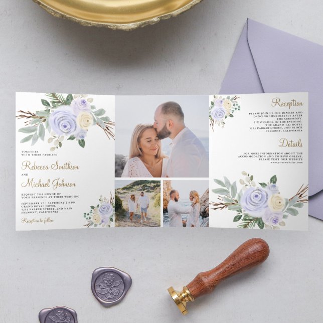 Dusty Pastel Lila Floral All in one Wedding Dreifach Gefaltete Einladung (Von Creator hochgeladen)