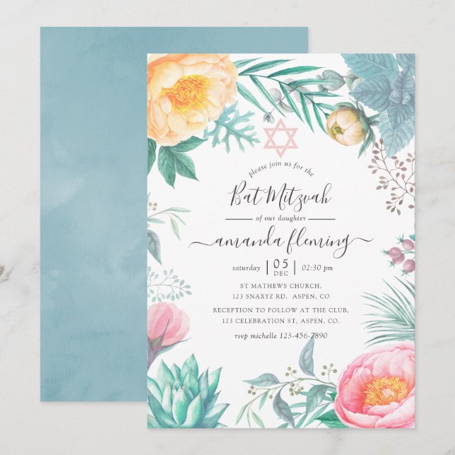 Dusty Pastel Tropical Floral Summer Bat Mitzvah Einladung (Vorne/Hinten)
