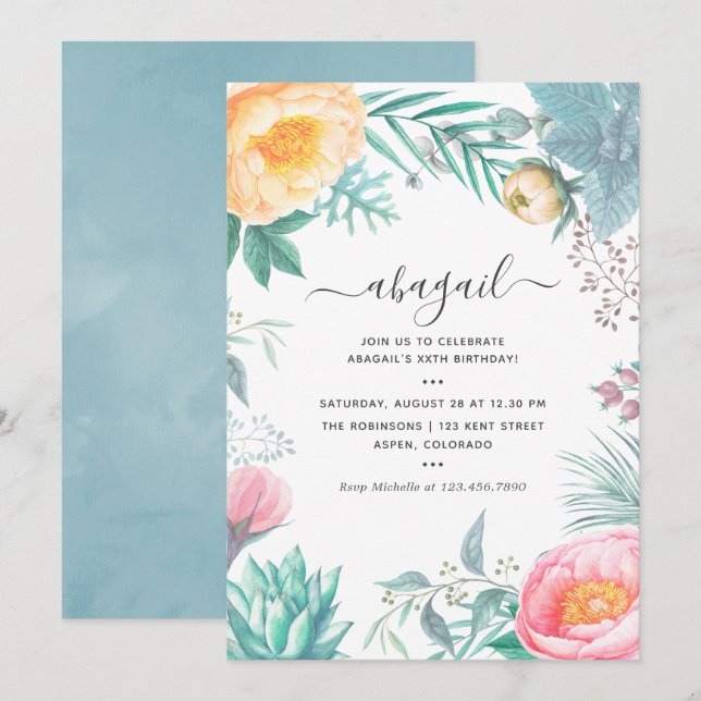 Dusty Pastel Tropical Floral Summer Birthday Party Einladung (Vorne/Hinten)