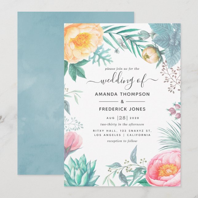 Dusty Pastel Tropical Floral Summer Wedding Einladung (Vorne/Hinten)