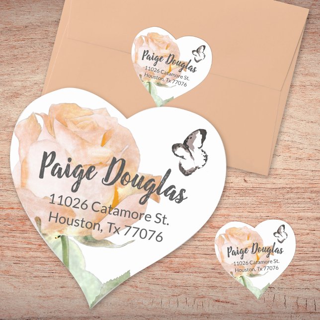 Dusty Peach Botanical Heart Shaped Address Siegel Herz-Aufkleber (peach dusty pink address envelope seal graduation party invitation address sticker floral rose roses)