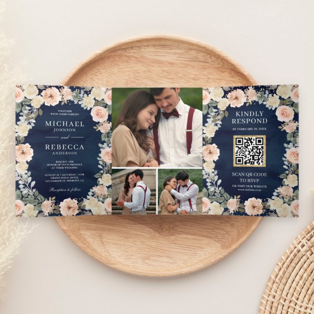 Dusty Peach Floral Navy Blue QR Code Hochzeit Dreifach Gefaltete Einladung (Von Creator hochgeladen)