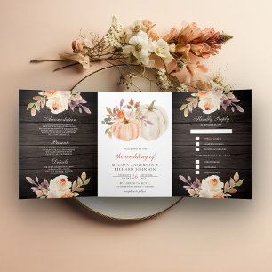 Dusty Peach Floral Pumpkin Barn Wood Wedding Dreifach Gefaltete Einladung