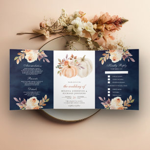 Dusty Peach Floral Pumpkin Navy Blue Wedding Dreifach Gefaltete Einladung