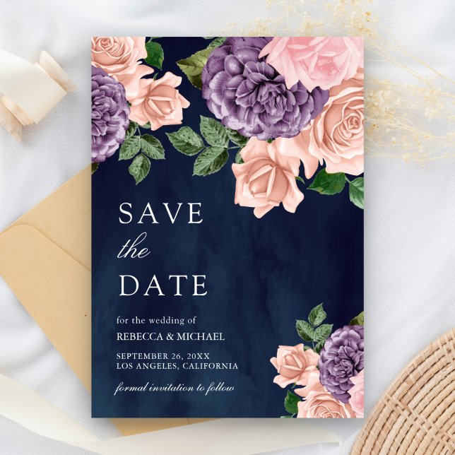 Dusty Peach Lila Floral Navy Blue Wedding Save The Date (Von Creator hochgeladen)