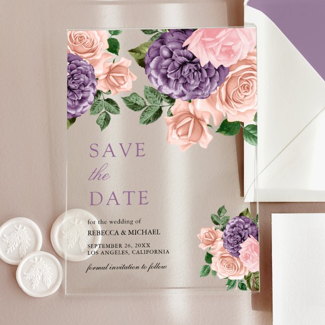 Dusty Peach Lila Floral Wedding Save the Date Acryleinladungen (Von Creator hochgeladen)