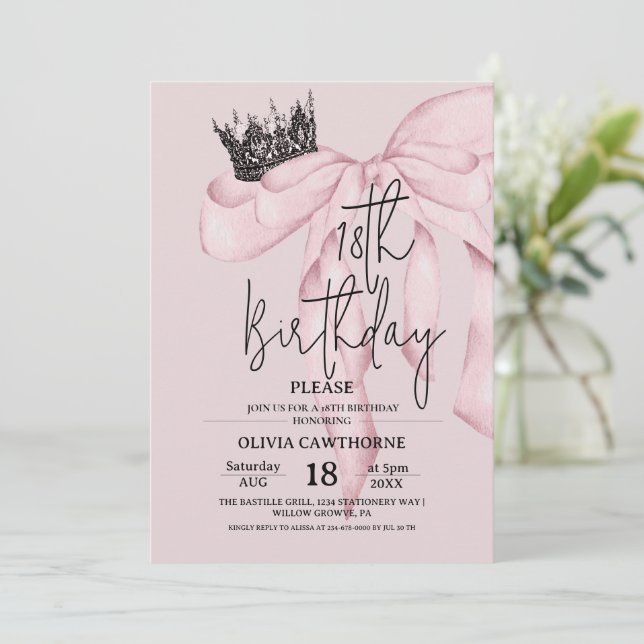 Dusty Pink 18th Birthday ⎮Pink Royal Bow Party Einladung (Stehend Vorderseite)