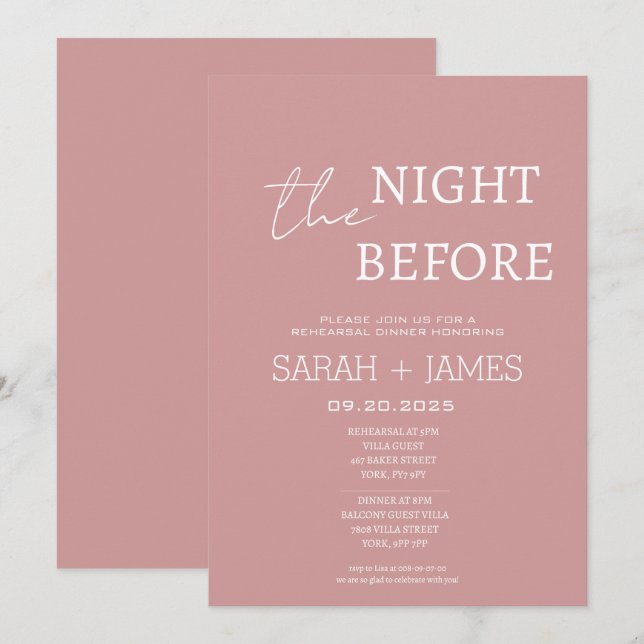 Dusty Pink am Abend vor der Probe Abendessen Einladung (Vorne/Hinten)
