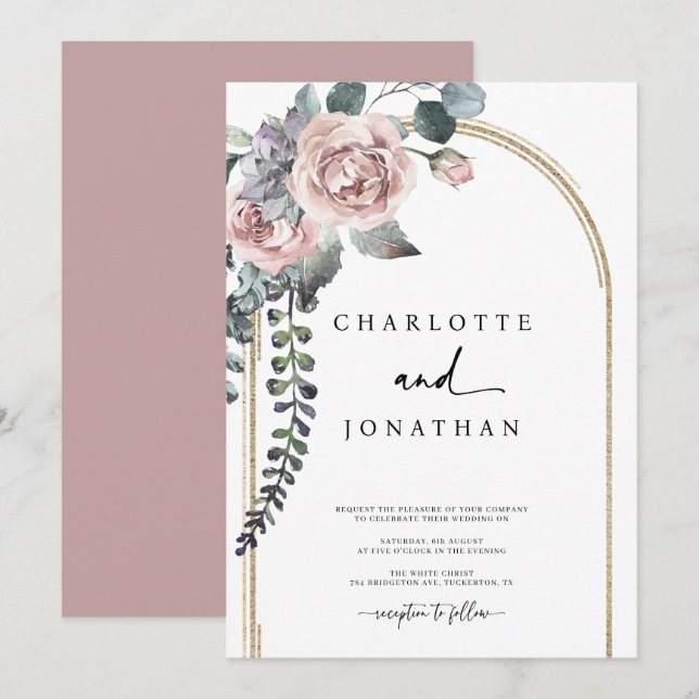 Dusty Pink and Gold Arch Wedding Einladung (Vorne/Hinten)