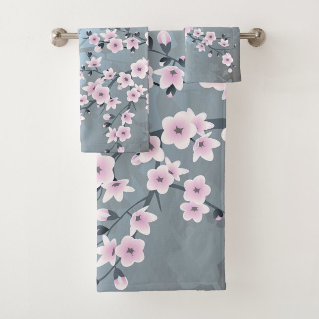 Dusty Pink Blue Cherry Blossom Floral Badhandtuch Set (Insitu)