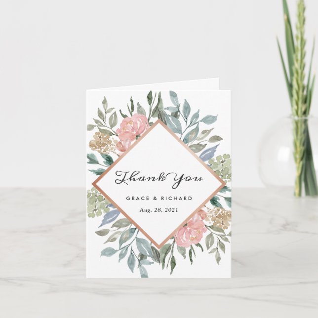 Dusty Pink Blue Green Rustic Wild Floral Wedding Dankeskarte (Vorderseite)