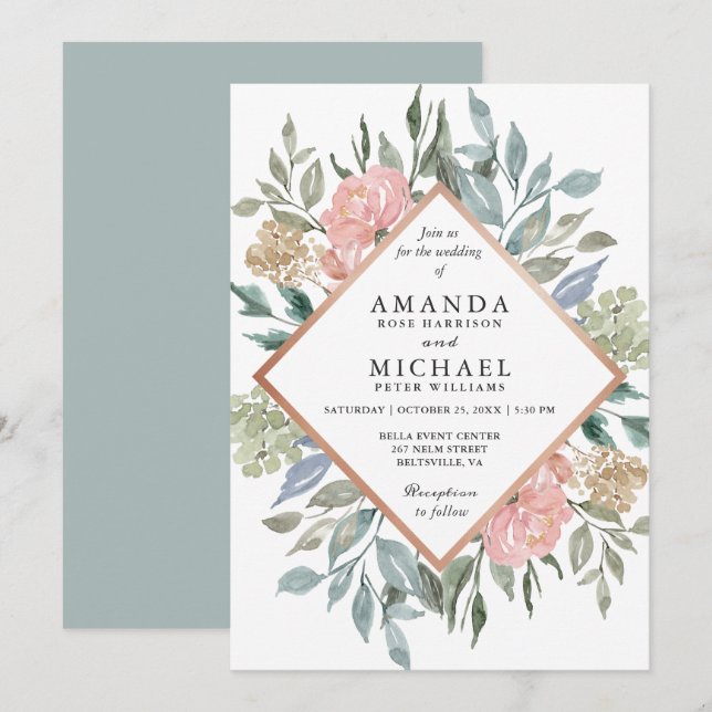 Dusty Pink Blue Green Rustic Wild Floral Wedding Einladung (Vorne/Hinten)