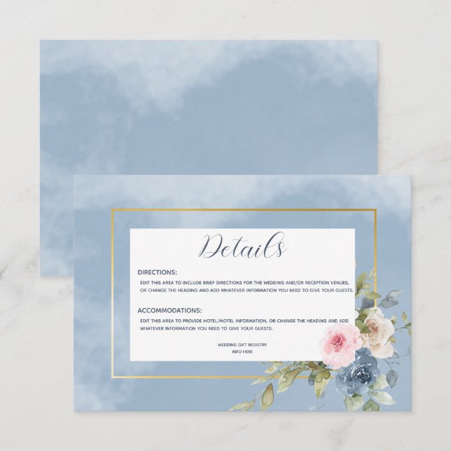 Dusty Pink Blue & White Roses Wedding Details Begleitkarte (Vorne/Hinten)
