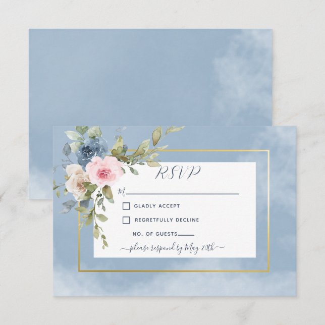 Dusty Pink Blue & White Roses Wedding RSVP Karte (Vorne/Hinten)