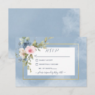 Dusty Pink Blue & White Roses Wedding RSVP Karte