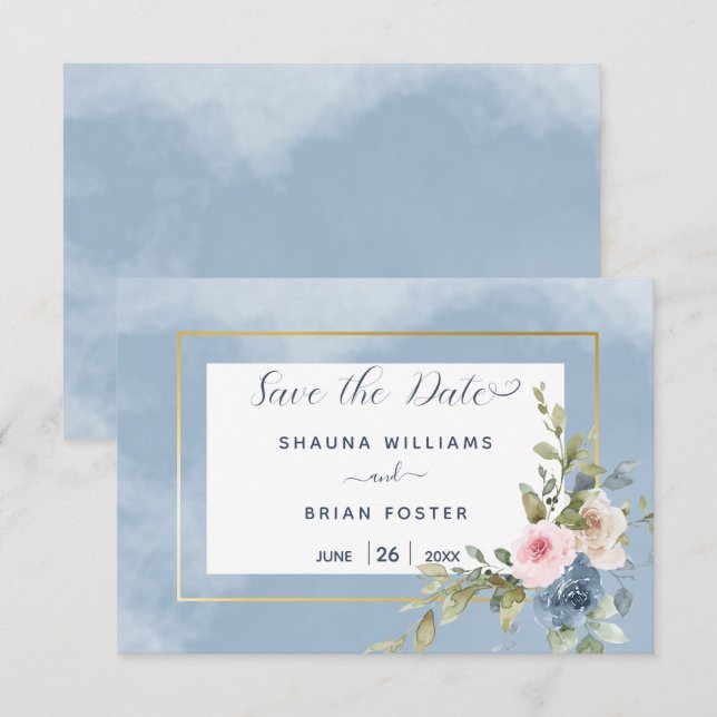 Dusty Pink Blue & White Roses Wedding Save The Date (Vorne/Hinten)