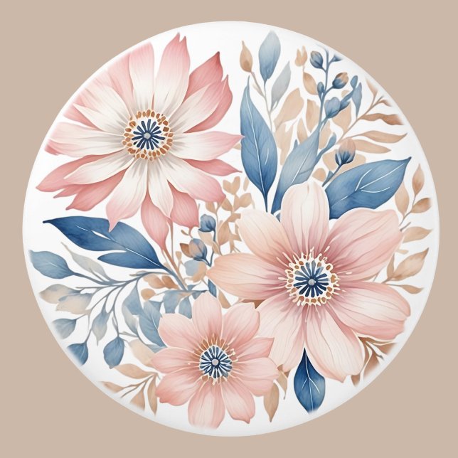 Dusty Pink Blume Blue Beige Boho Floral Keramikknauf (Von Creator hochgeladen)