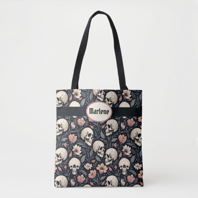 Dusty Pink Blume und Skulls Tasche (Vorderseite)