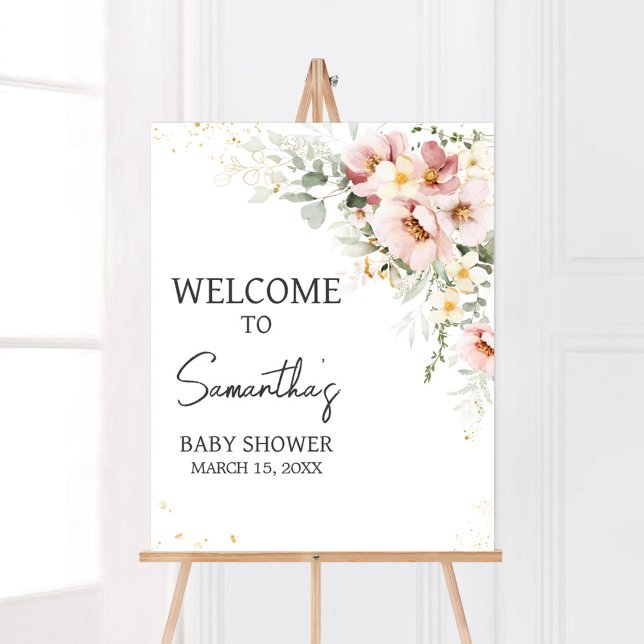 Dusty Pink Blumengrün Baby Dusche Empfang Poster (Dusty Pink Floral Baby Shower Welcome Sign)
