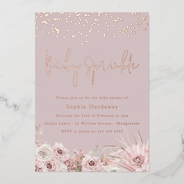 Dusty Pink Blush Baby Sprinkle Dusche Rose Gold Folieneinladung (Vorderseite)