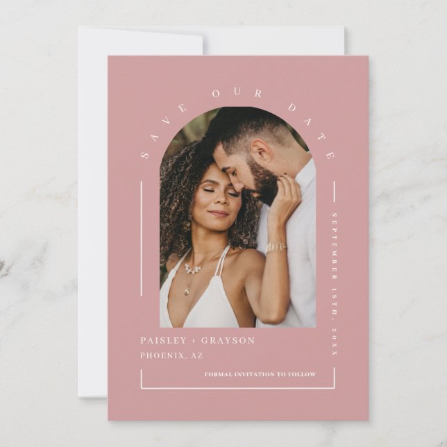 Dusty Pink Boho Arch Foto QR Code Gerettet Unser D Einladung (Vorderseite)