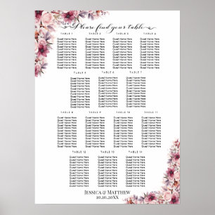 Dusty Pink Boho Floral 14 Tische Hochzeitssitze Poster