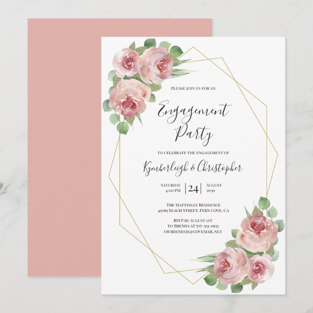 Dusty Pink Boho Floral Geometric Engagement Party Einladung (Vorne/Hinten)