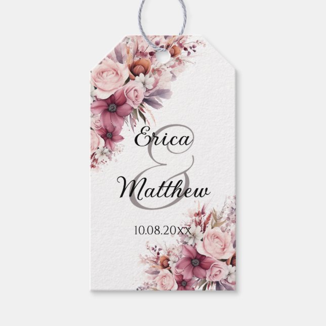 Dusty Pink Boho Floral Modern Script Wedding Geschenkanhänger (Vorderseite)