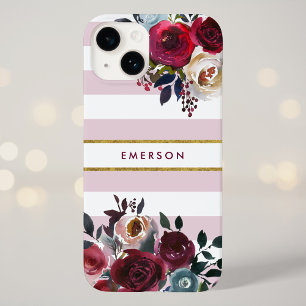 Dusty Pink Boho Floral Stripe Monogramm Case-Mate iPhone 14 Hülle