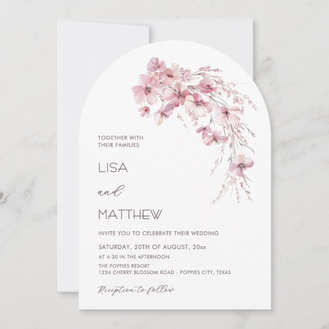 Dusty Pink Boho Flowers White Casual Wedding Einladung (Vorderseite)