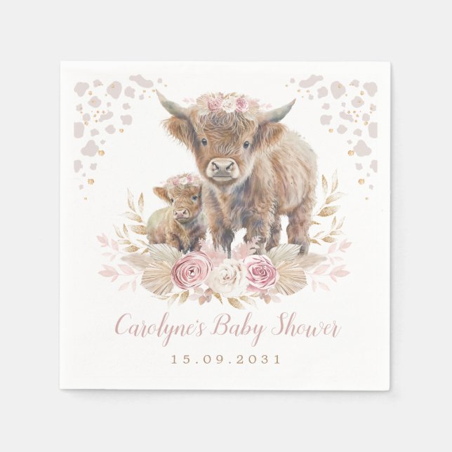 Dusty Pink Boho Highland Cow Girl Babydusche Serviette (Vorderseite)