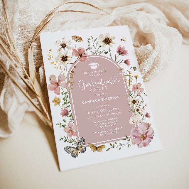 Dusty Pink Boho Wildblume Graduation Party Einladung (Von Creator hochgeladen)