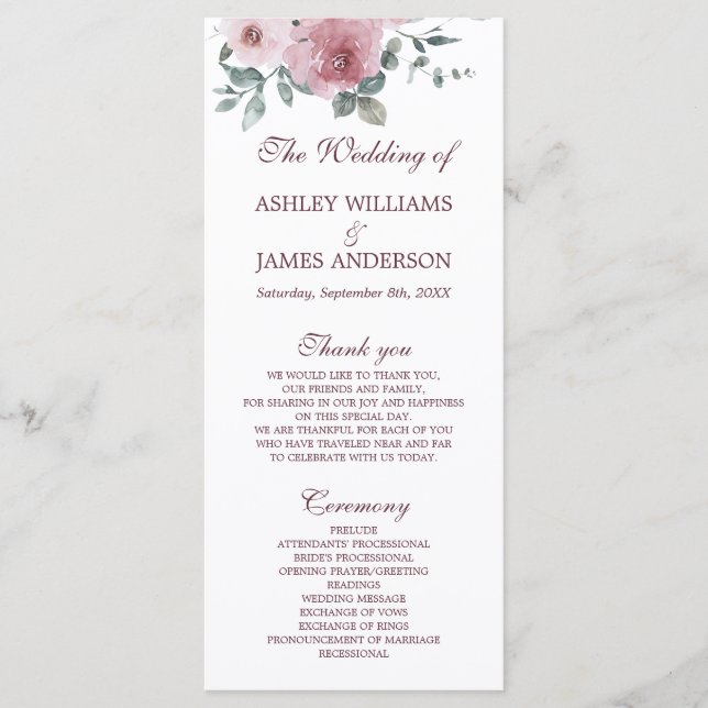 Dusty Pink Bourgogne Floral Wedding Programme (Devant)
