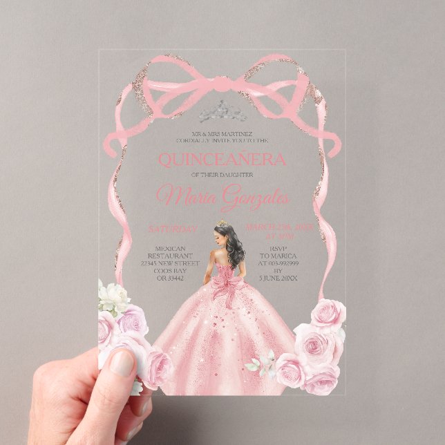 Dusty Pink Bow Prinzessin Silver Crown Quinceañera Acryleinladungen (Insitu (Handheld))