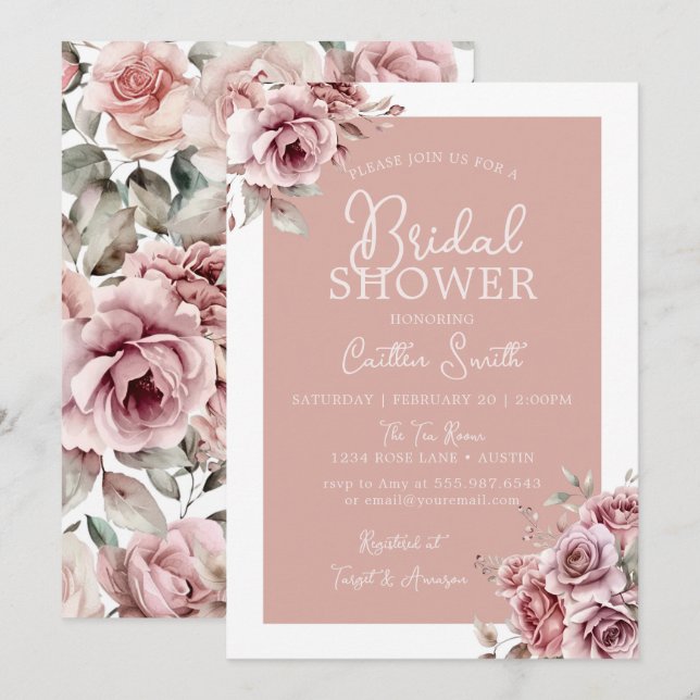 Dusty Pink Bridal Dusche Einladung Rose (Vorne/Hinten)