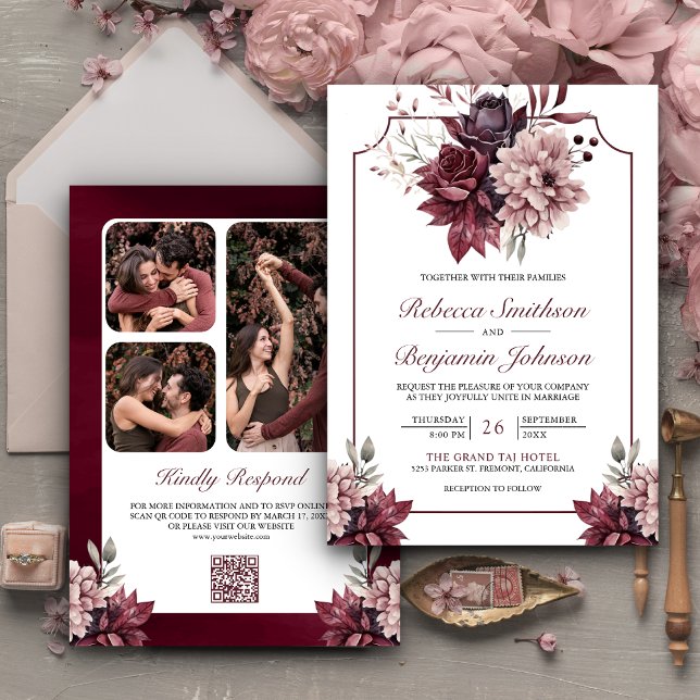 Dusty Pink Burgundy Floral Frame QR Code Hochzeit Einladung (Von Creator hochgeladen)