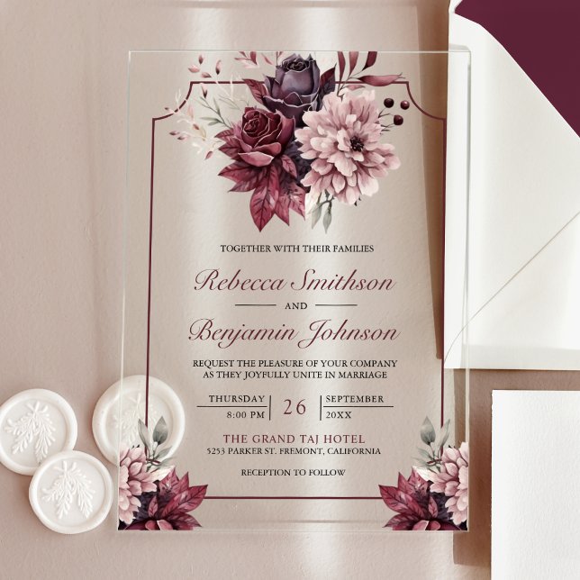 Dusty Pink Burgundy Floral Frame Wedding Acryleinladungen (Von Creator hochgeladen)