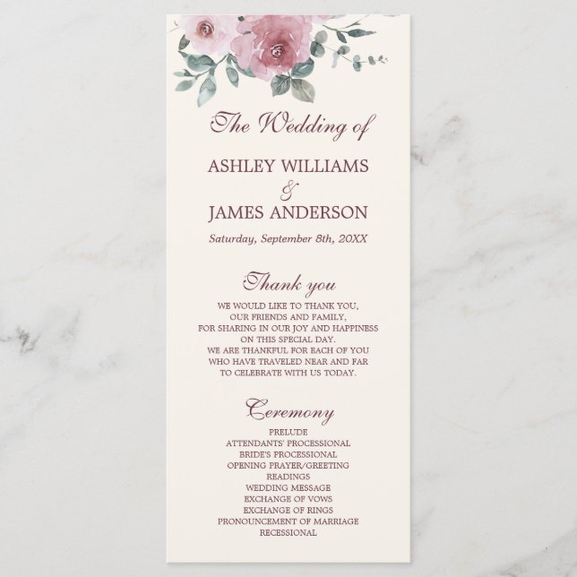 Dusty Pink Burgundy Floral Ivory Wedding Programm (Vorderseite)
