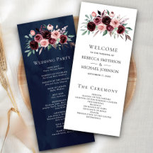 Dusty Pink Burgundy Floral Navy Hochzeitsprogramm