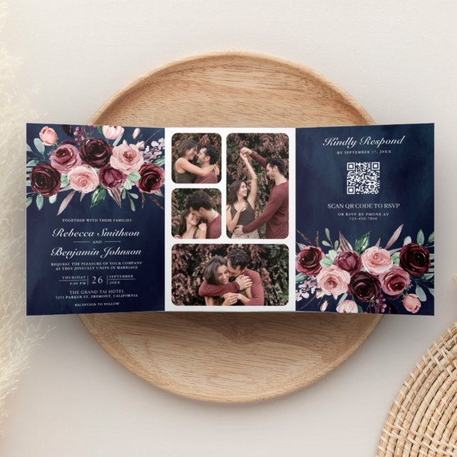 Dusty Pink Burgundy Floral QR Code Navy Hochzeit Dreifach Gefaltete Einladung (Von Creator hochgeladen)