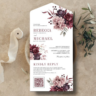 Dusty Pink Burgundy Floral QR Code Wedding All In One Einladung