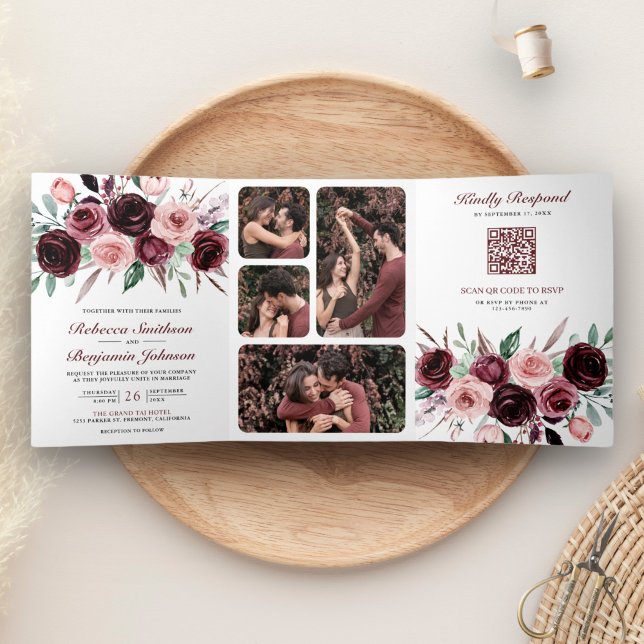Dusty Pink Burgundy Floral QR Code Wedding Dreifach Gefaltete Einladung (Von Creator hochgeladen)